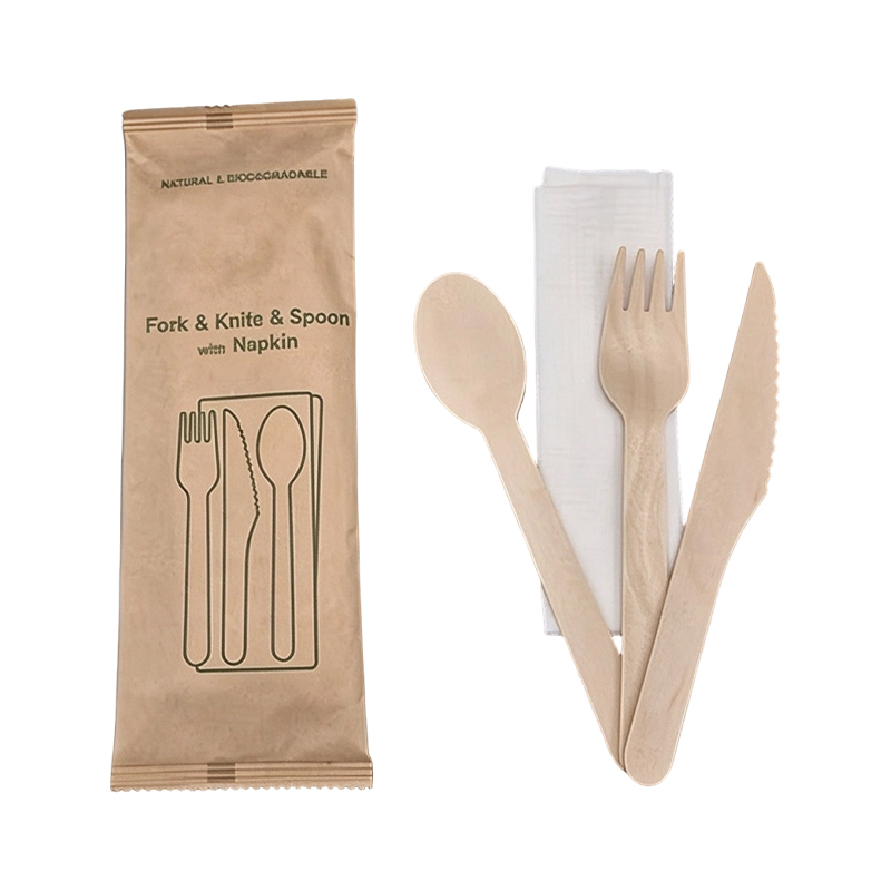 Disposable Biodegradable Wooden Cutlery Set with Kraft Paper Bag